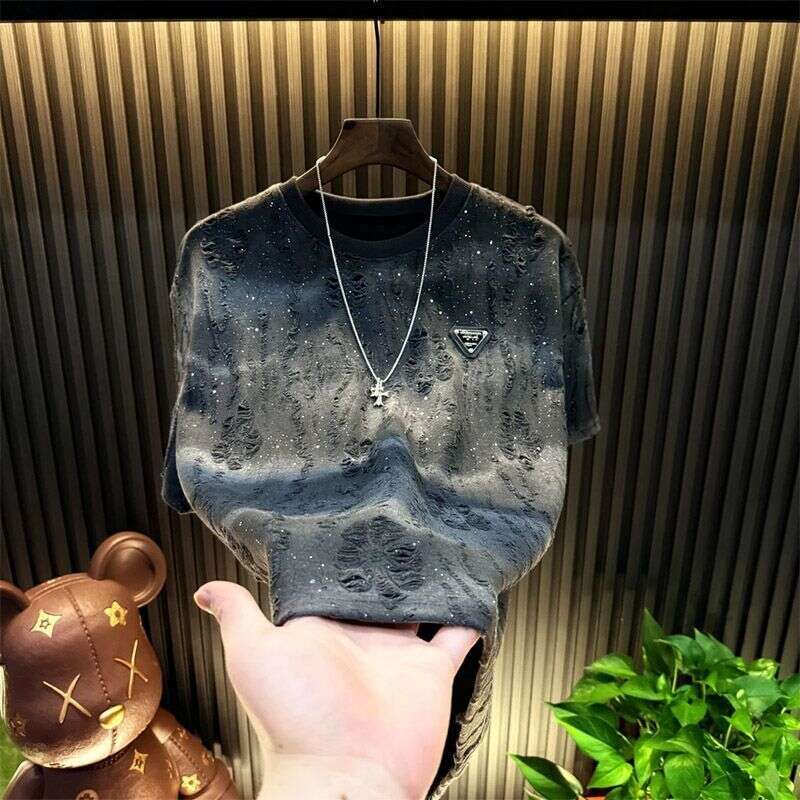 Ripped Starry Sky Men's Short Top Hot-Selling Light Luxury High-End Meteor Half Sleeve Round Neck Trendy Fashion