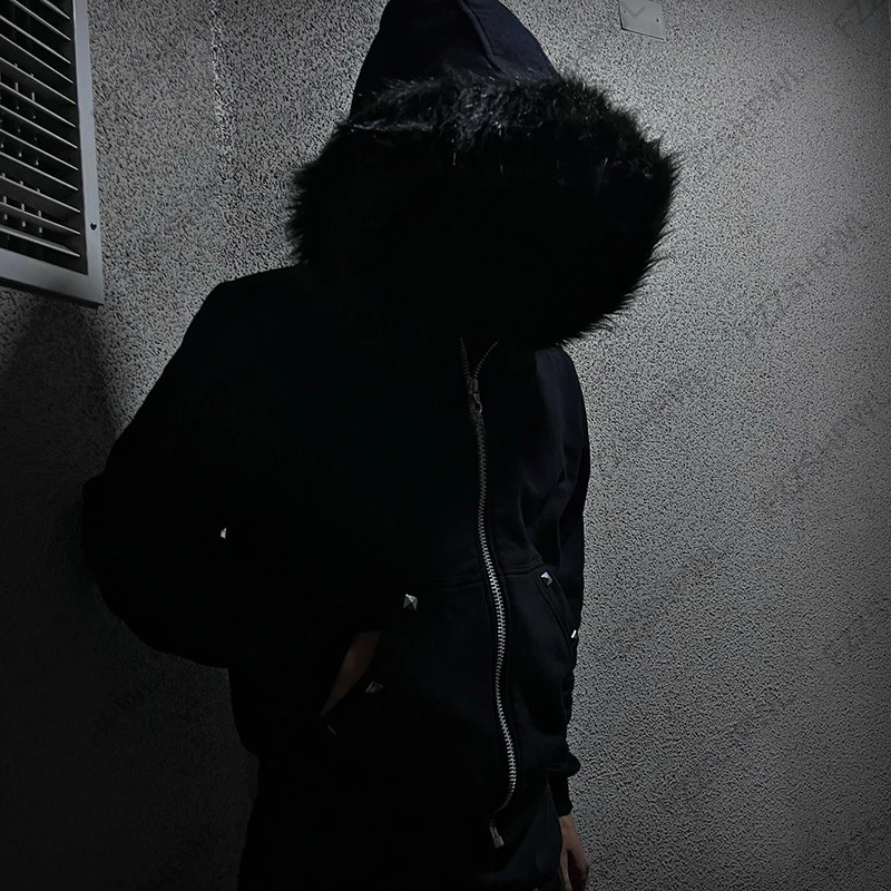 Rivet n Rock Gothic Dark Faux Fur Collar Y2K Zip up hoodie Streetwear Chic Zipper Hoodie sweatshirt Punk Hip Hop Pullover 251231