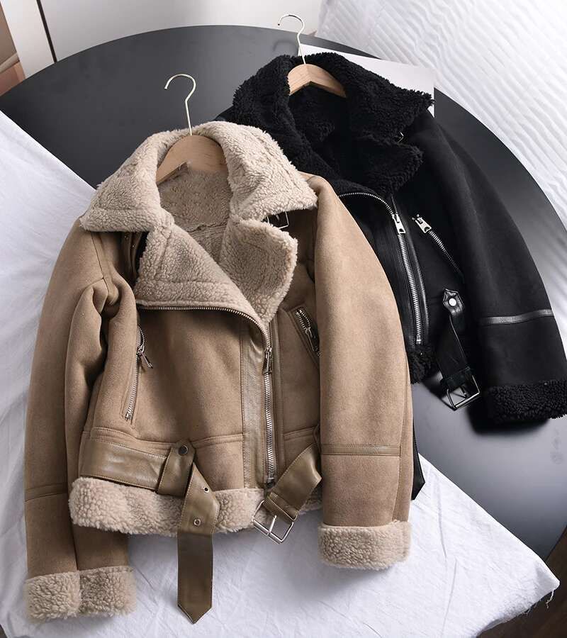 RARF Winter Women Thick Warm Suede Lamb Jacket Short Motorcycle Brown Coats Faux Shearg Sheepskin Leather Jackets Outwear