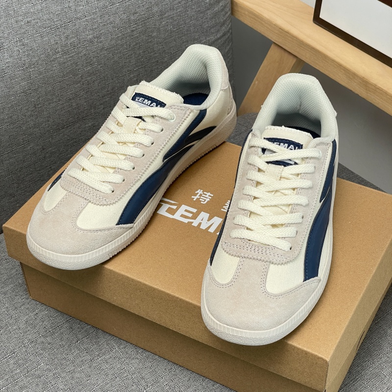 TEMAI 2026 New Arrival Unisex Low-Top Casual Sneakers Beige & Navy Blue Canvas Suede Upper Vintage Style Striped Detail Comfortable Breathable
