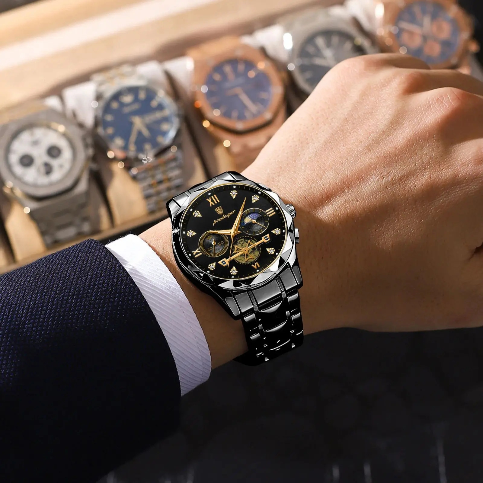 POEDAGAR Top High Quality Man Wristwatch Stainless Steel Chronograph Business Men Watch Waterproof Luminous Quartz Mens Watches 260114