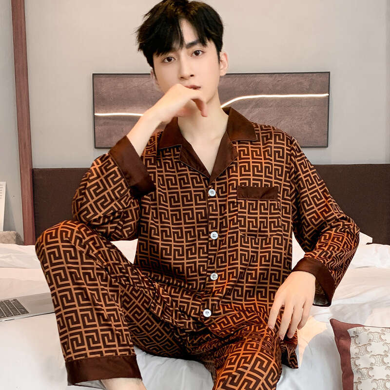 Silky Thin Ice Pajamas For Men Spring Autumn Summer High End Imitation Silk Four Seasons Long Sleeve Homewear Set