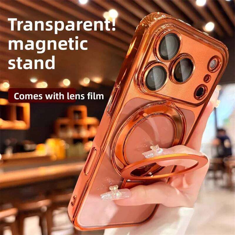 Magsafe Plating Phone Case For iPhone 17 16 15 14 13 12 Pro Max Plus Magnetic Stand Ring Holder Transparent Shockproof Cover - view 3