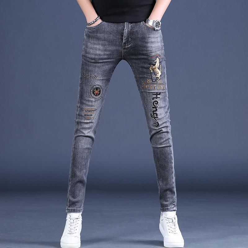Luxury Brand Designer Clothes European Style Little Horse Embroidered Jeans For Men, Spring And Autumn Trendy Slim Fit Skinny Jeans For Men