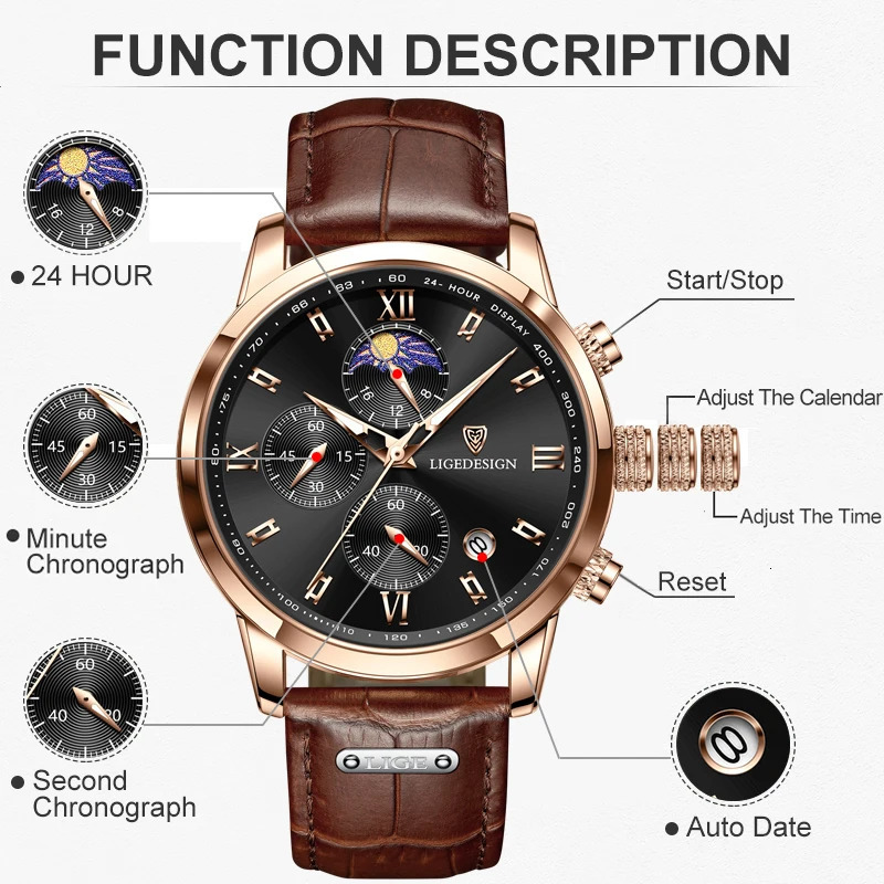 Mens Watches LIGE Top Men Wrist Watch Leather Quartz Watch Sports Waterproof Male Clock Relogio MasculinoBox 260114