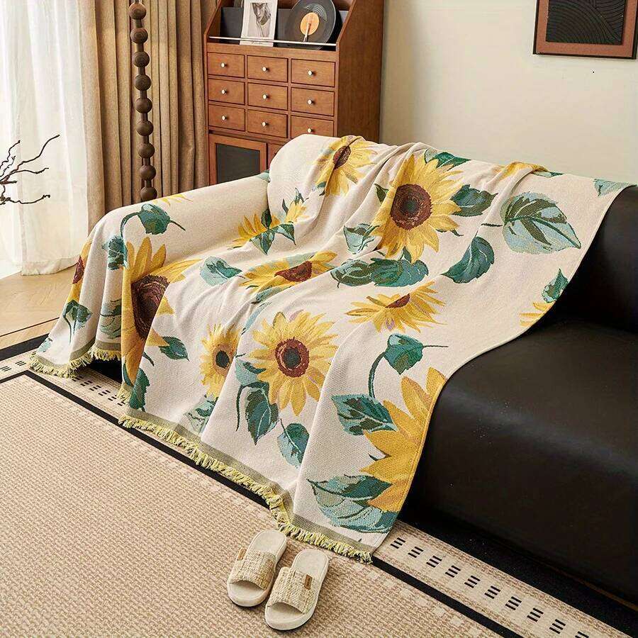 1Pc Sunflower Pattern Towel All-Cover Jacquard Sofa Throw Blanket With Tassels Couch Protector Four Seasons Universal