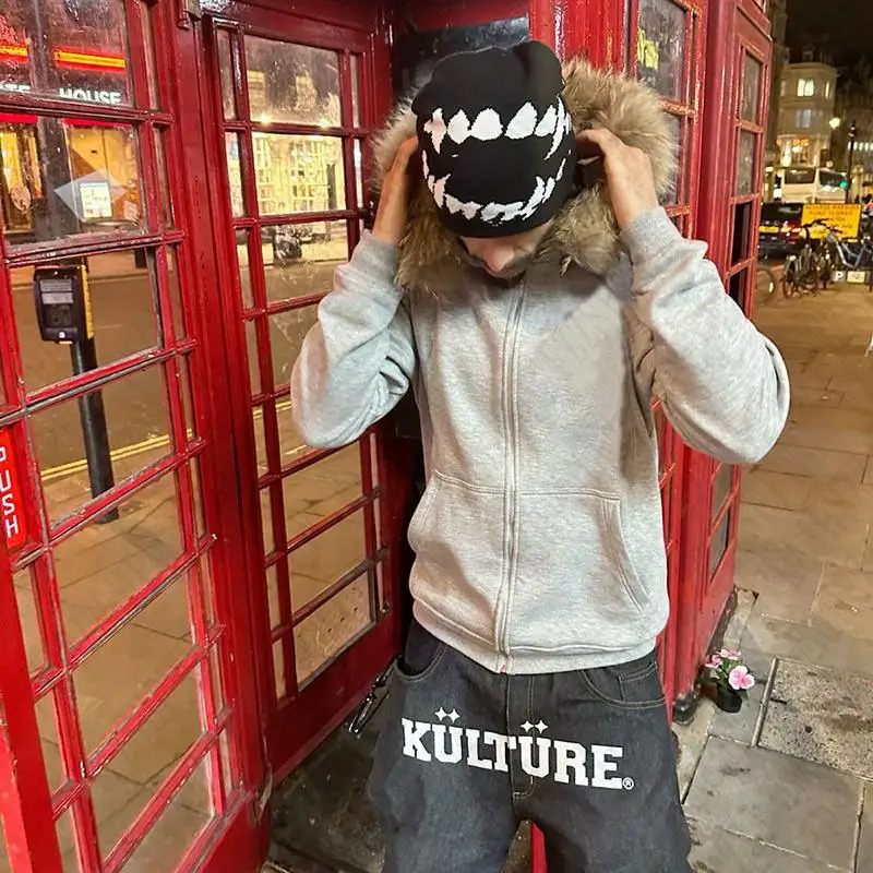 Hip Hop Dark Faux Fur Collar Y2K Zip up hoodie Harajuku Streetwear Punk Zipper Hoodie sweatshirt Rock Goth Loose Jacket Vintage 251231