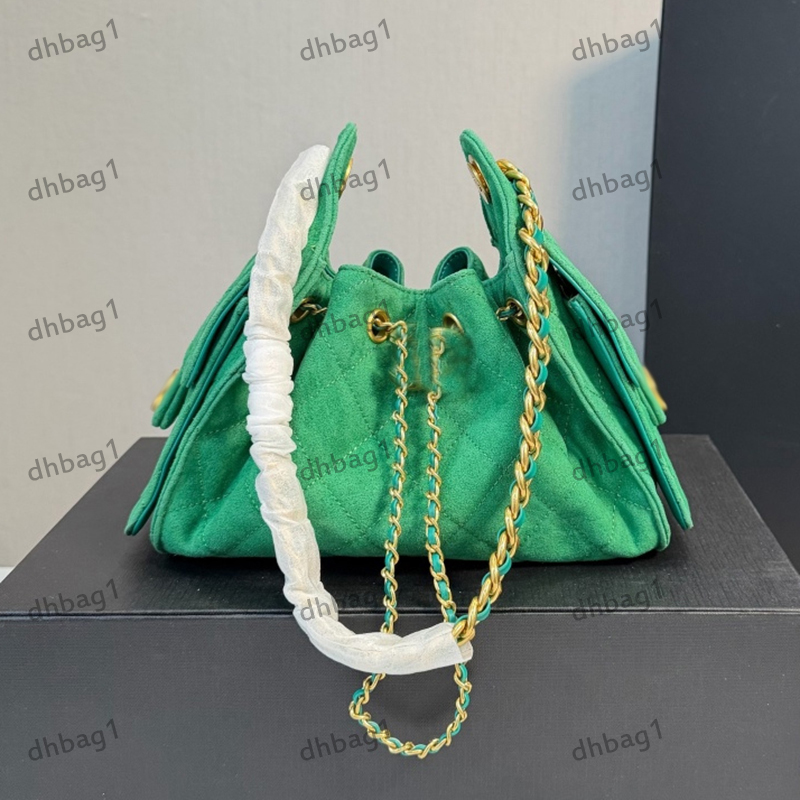 26C ladies Underarm Bag Shoulder bags Pleated Suede Designer Mini Tote with Square Pockets Gold Metal Adjustable Chain Length Genuine leather Purse Sacoche 22cm