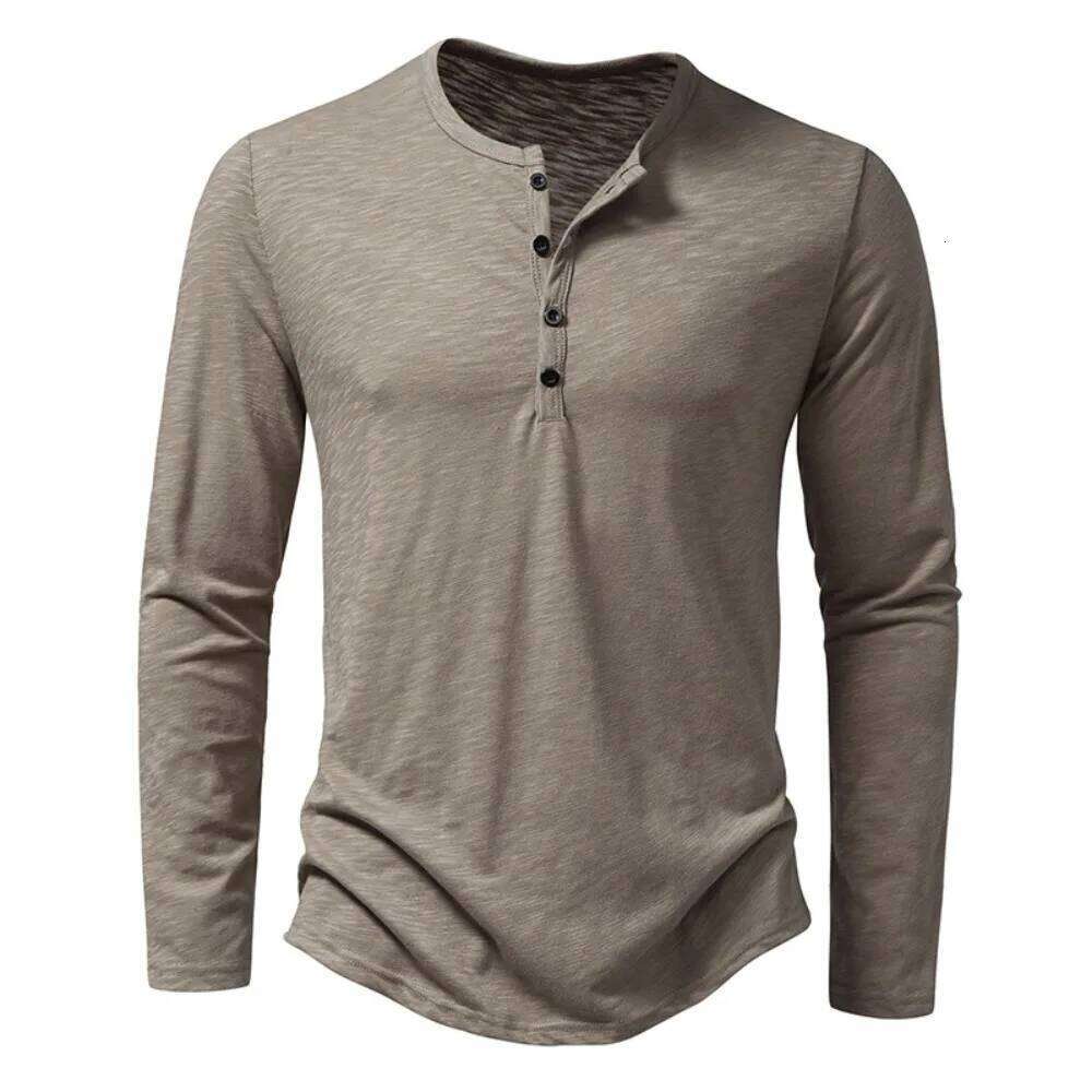 Men's Cotton Henley neck Shirt Long Sleeve Casual Button Solid color Fashion T-Shirts