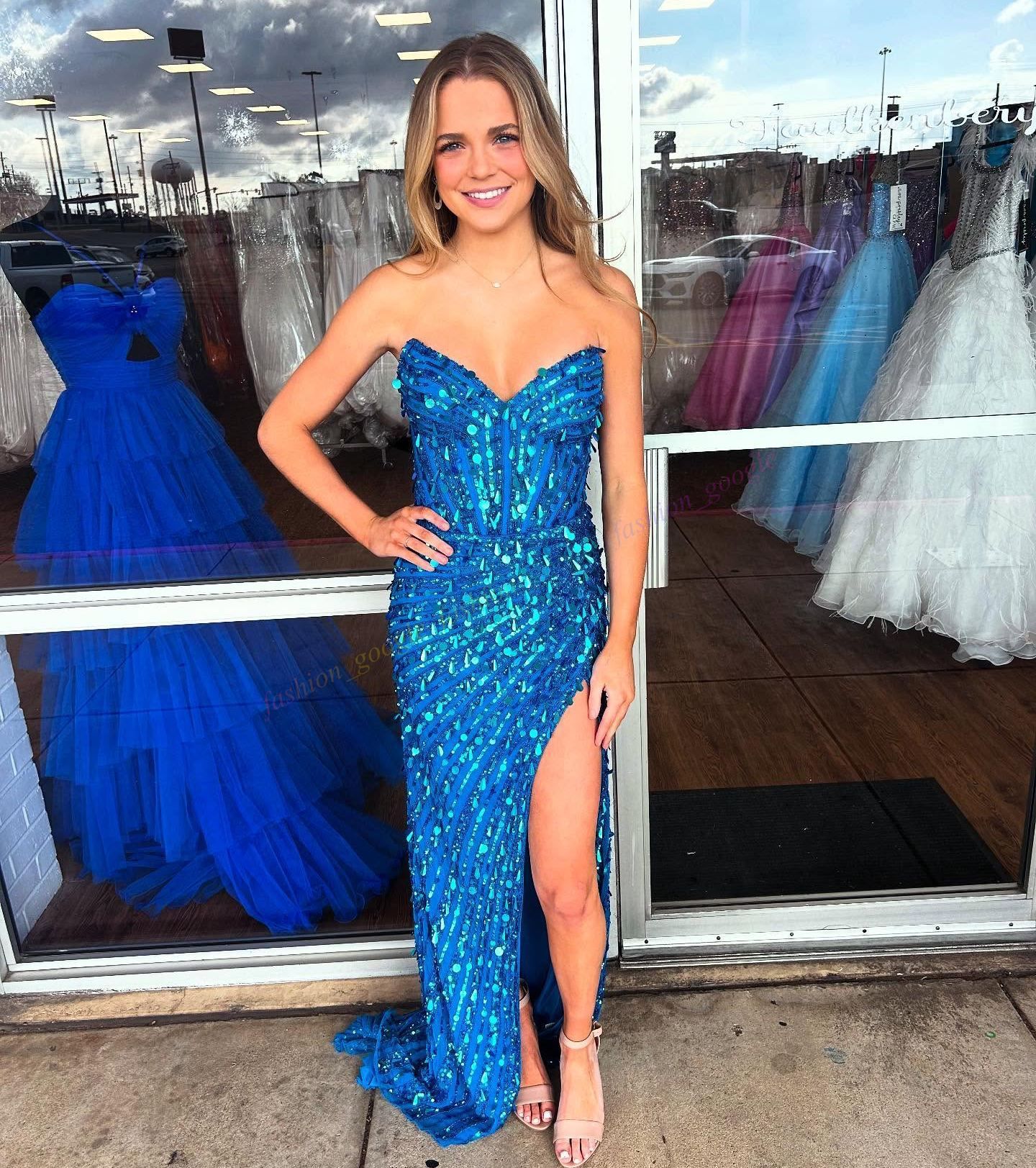 Peacock Sequins Prom Dress High Slit Column Fitted Lady Pageant Homecoming Gala Dresses Formal Evening Special Occasions Gowns J15