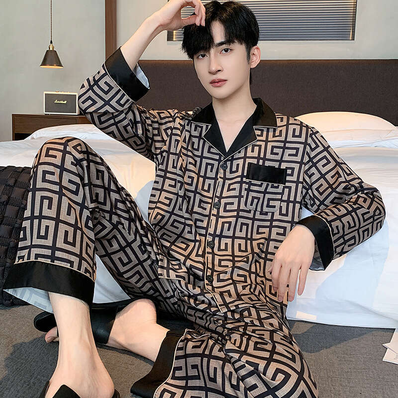 Pajamas Long Sleeve Ice Silk Spring Autumn Men's Satin Thin Youth Summer Homewear Set