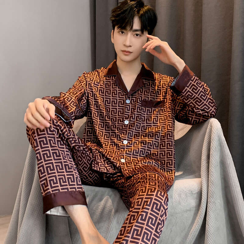 Silky Thin Ice Pajamas For Men Spring Autumn Summer High End Imitation Silk Four Seasons Long Sleeve Homewear Set