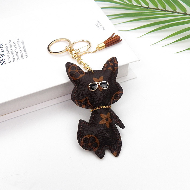 Free Shipping 2026 Fox Shaped Leather Keychain, Monogram Bag Charm with Glasses & Pom Pom, Cute Animal Keyring Accessory