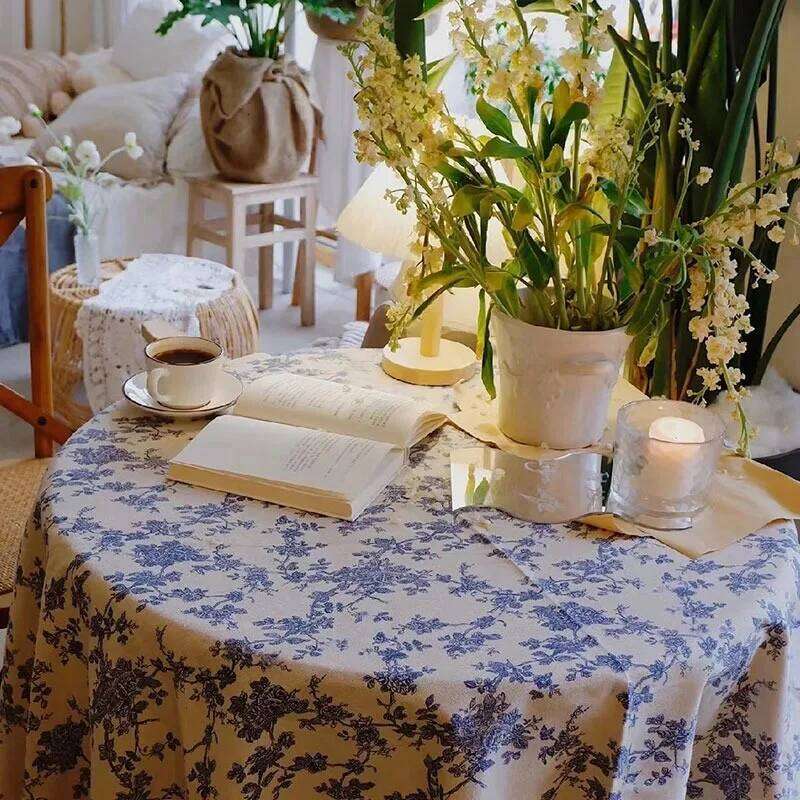 French Country Style Blue Rose Printed Kitchen Living Room Decor Tablecloth Restaurant Table Cover