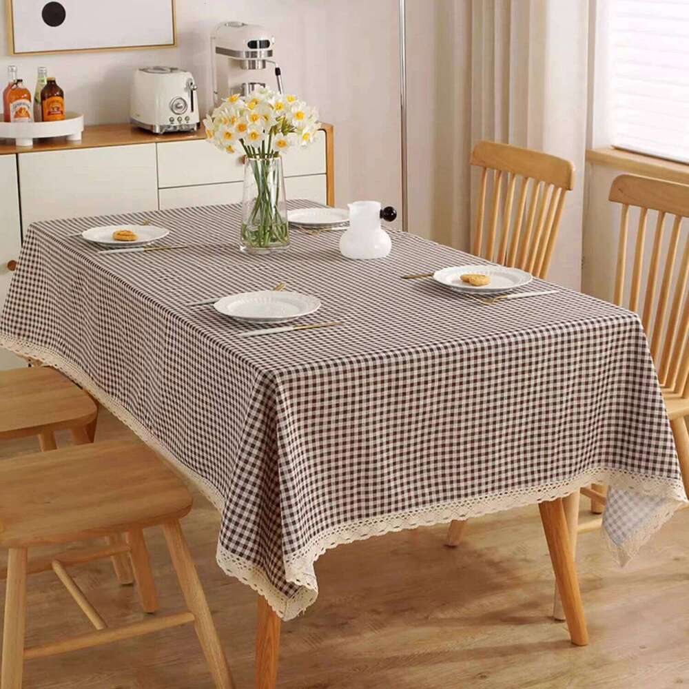Nordic Minimalist Style Coffee Grid Tablecloth with Off-White Trim Rectangular Dining Table Cover