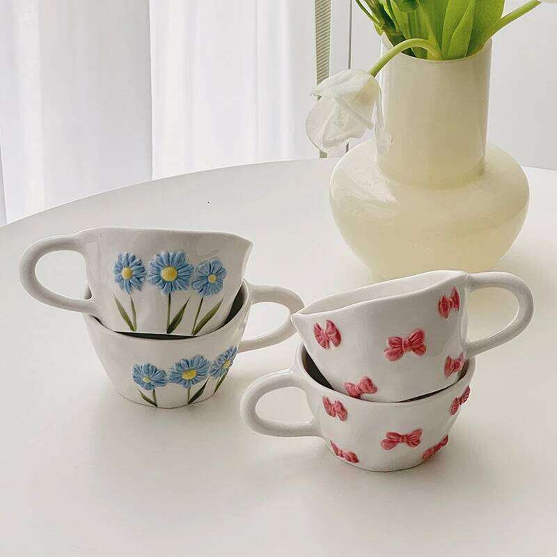 Hand Pinched Coffee Hand-drawn Irregular Underglaze Color Relief Daisy Milk Tea Cup Pink Bow Croissant Oatmeal Breakfast Mug