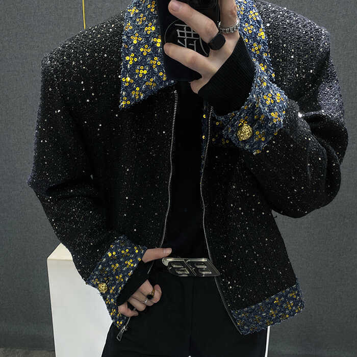 Luxury Brand Designer Clothes Tweed Sequin Contrast Color Small Style Jacket For Men, Autumn And Winter High-End Starry Sky Shiny Jacket Top Trend