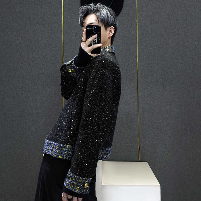Luxury Brand Designer Clothes Tweed Sequin Contrast Color Small Style Jacket For Men, Autumn And Winter High-End Starry Sky Shiny Jacket Top Trend