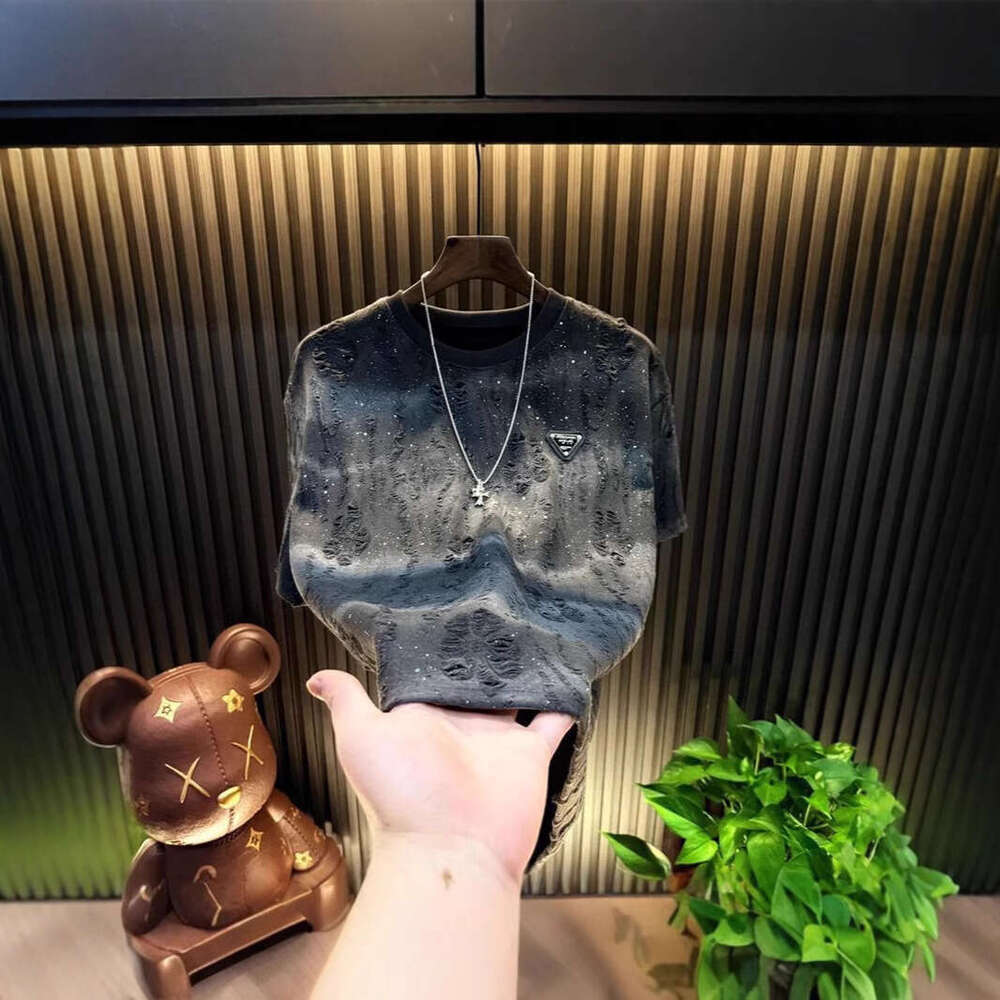 Ripped Starry Sky Men's Short Top Hot-Selling Light Luxury High-End Meteor Half Sleeve Round Neck Trendy Fashion