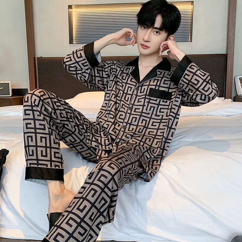 Pajamas Long Sleeve Ice Silk Spring Autumn Men's Satin Thin Youth Summer Homewear Set