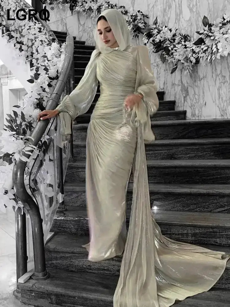 LGRQ 2026 Spring And Autumn Round Neck Pleated Fold Floor Length Party Dress Lantern Sleeves High Waist Vestido 260114