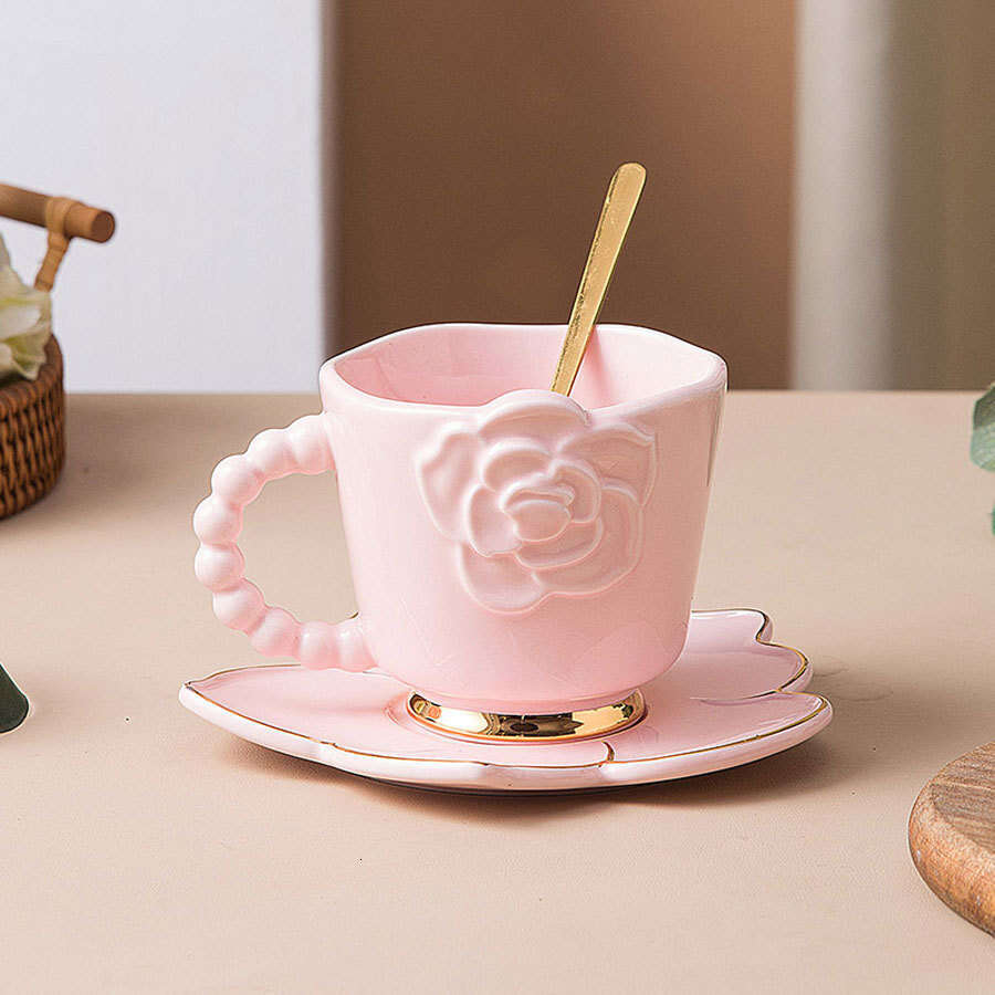 Ceramic Coffee Mug Drinking Vessel, Handmade Creative Floral Camellia Artisan Tea Cup with Saucer in Blue Pink White, Decorative Afternoon Tea Set Gif