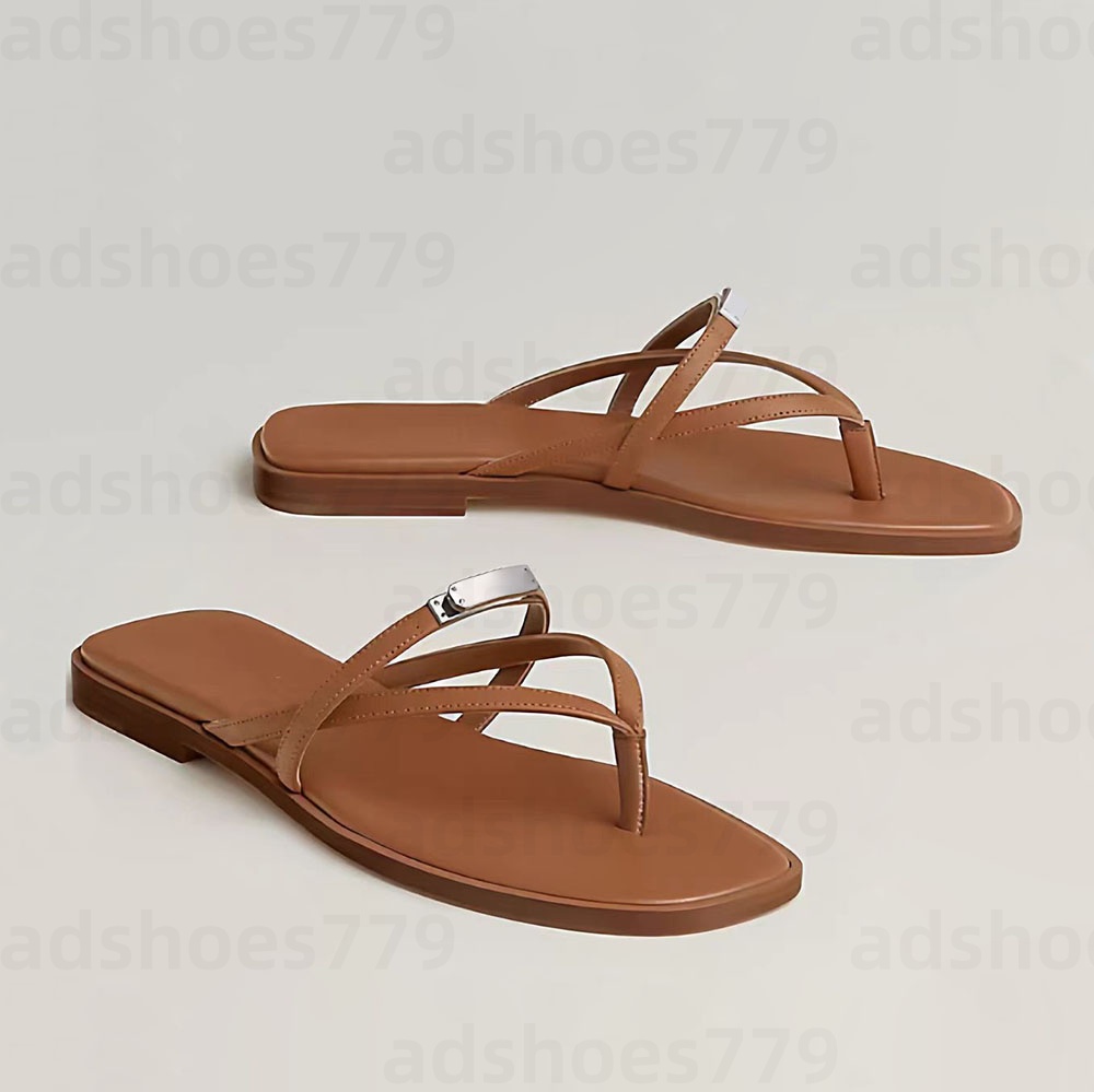 Women's flat bottom flip flops slippers mule Luxury cowhide hardware buckle casual beach sandals flat designer shoe woman slippers factory footwear 35-43 with box