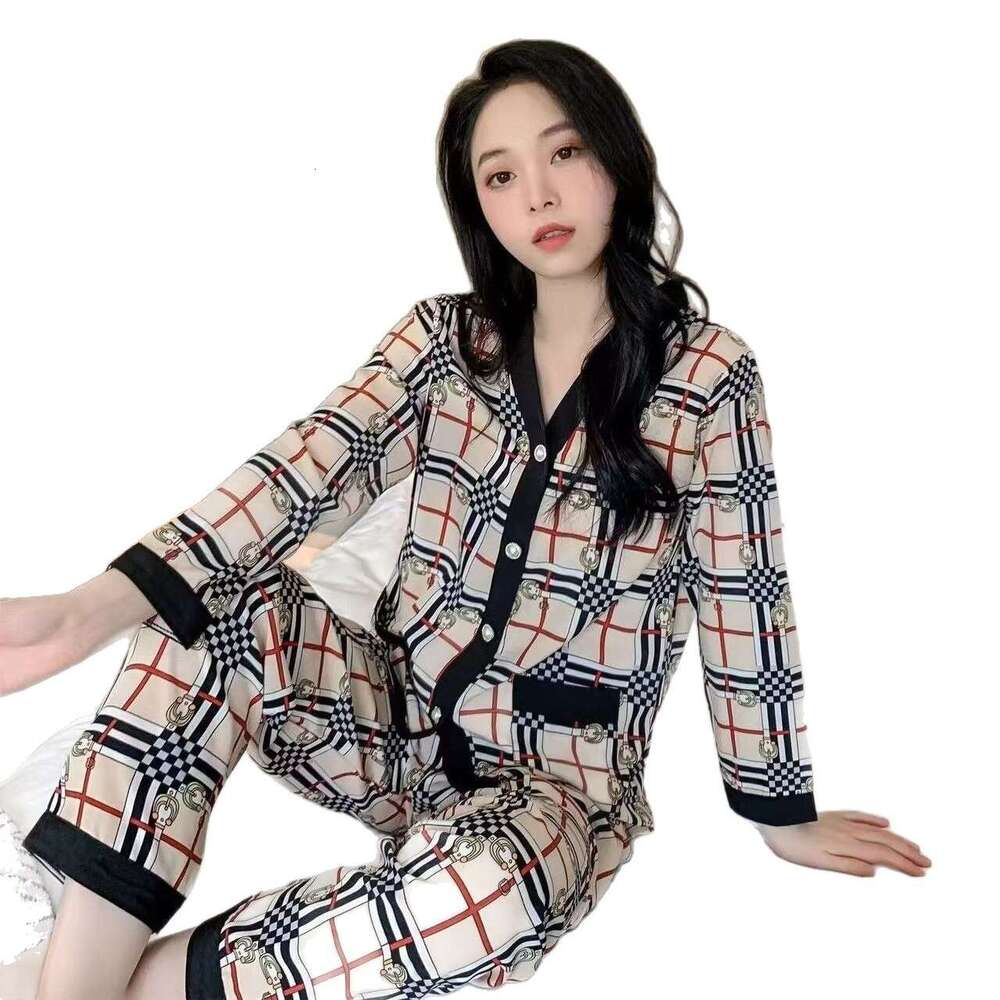 Pajamas for Women Spring and Autumn Korean Style Cardigan Sweet Outerwear Sleeve Long Pants Ice Silk Ins Home Wear Set Summer