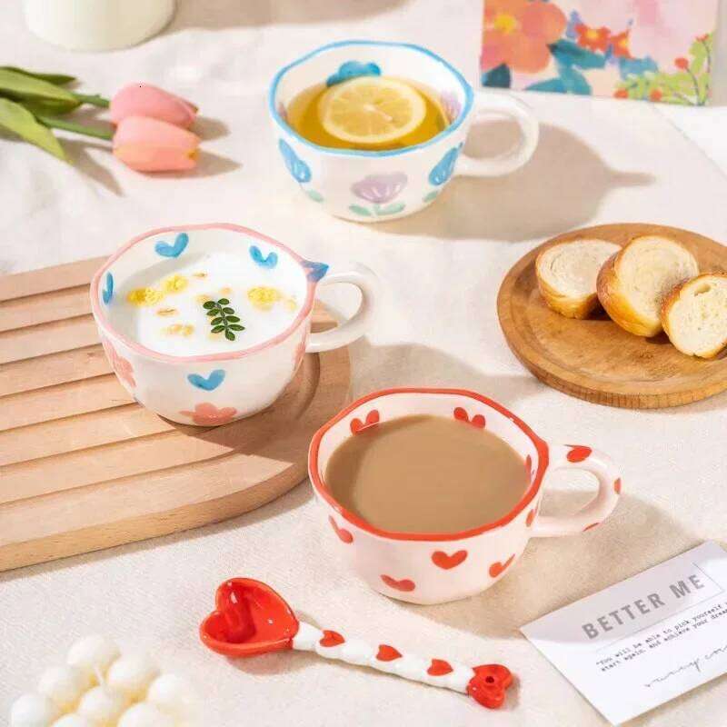 Ceramic Mug with Rabbit Handle Spoon Hand-shaped Irregular Coffee Milk Tea Breakfast Oatmeal Drinkware Kitchen Cup