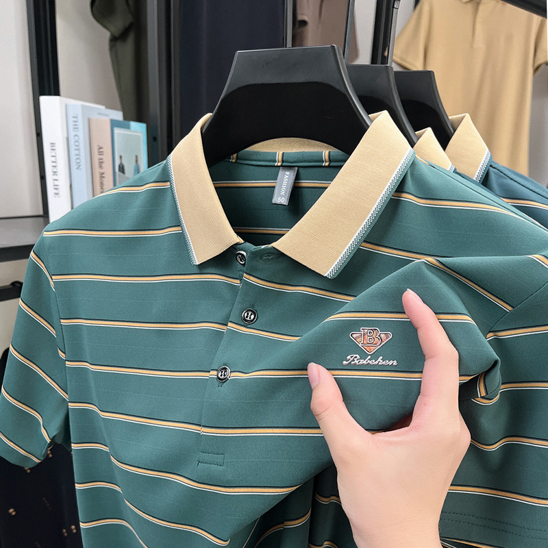 Luxury Brand Designer Clothes Business Casual Mens T-Shirt For Middle-Aged And Elderly Fathers Short Sleeve Striped Turn-Down Collar Base Shirt Summer
