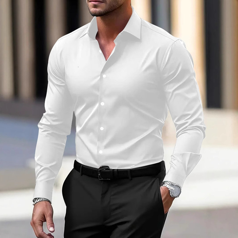 Spring and Autumn White Long Business Formal Slim Fit Professional Plus Size Black Short Sleeve Workwear Office Men's Shirt