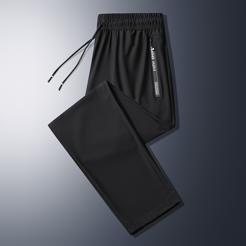 Men's Summer Lightweight Ice Silk Pants, Quick-Drying with Zipper Pockets, Versatile Loose-Fitting Casual Tapered Sports Trousers