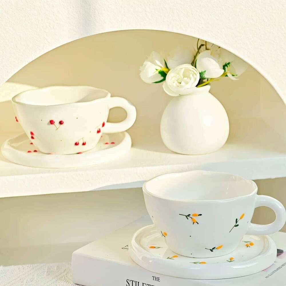 Creative, minimalist, hand drawn, three-dimensional relief cherry blueberry, household ceramic coffee cups and plates