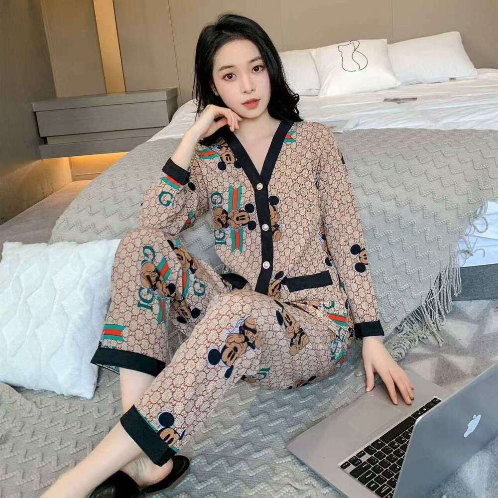 Pajamas for Women Spring and Autumn Korean Style Cardigan Sweet Outerwear Sleeve Long Pants Ice Silk Ins Home Wear Set Summer