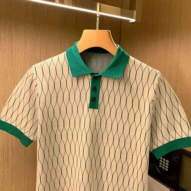 Summer Men Knitted Polo Shirts Short Sleeve Plaid T-Shirts Tops High Standard LEEGO LENS