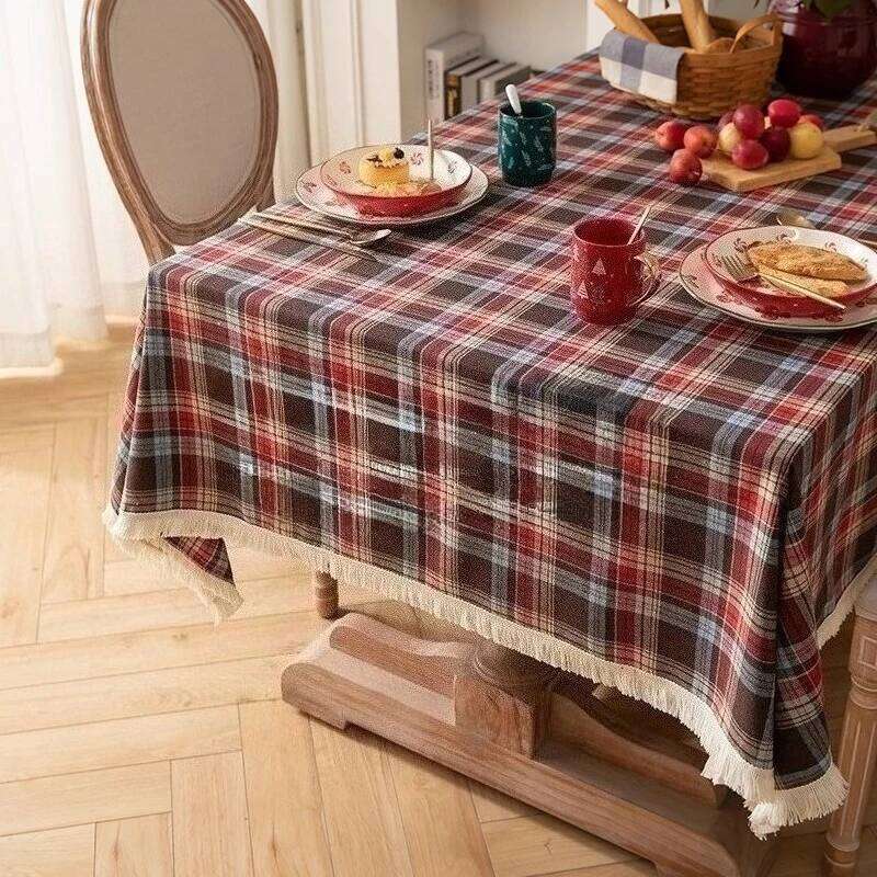 American-style Christmas Plaid Tablecloth, Festive Retro Atmosphere Dining Cloth Rectangular Decorative Table Cover