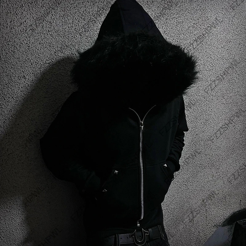 Rivet n Rock Gothic Dark Faux Fur Collar Y2K Zip up hoodie Streetwear Chic Zipper Hoodie sweatshirt Punk Hip Hop Pullover 251231