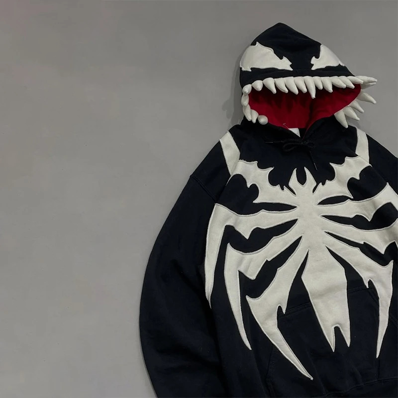 White Spider Pattern Teeth Hood n Oversized Long Sleeves Gothic Hoodie Y2K Men Women Fashion Casual Streetwear Sweatshirt 251231