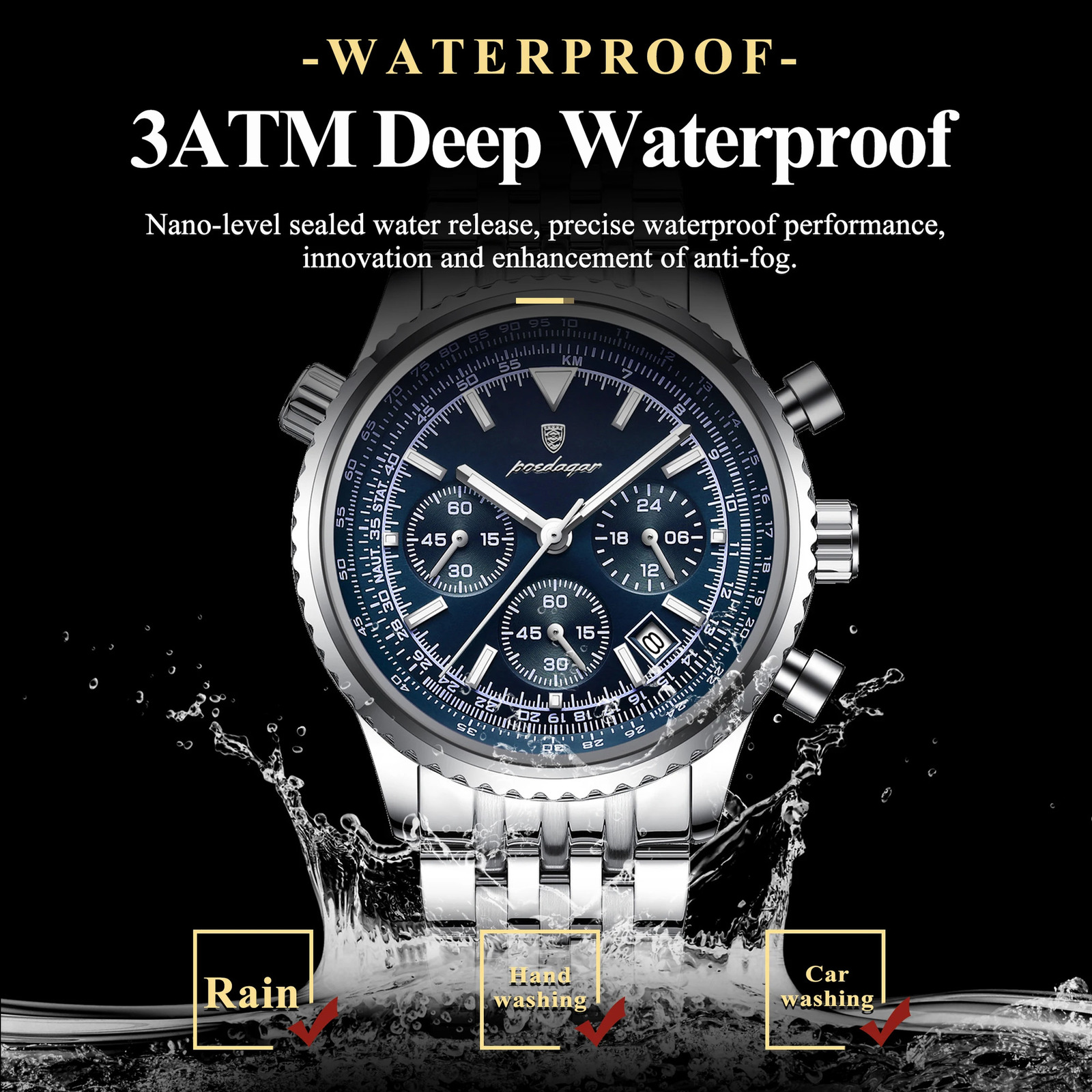POEDAGAR Sport Man Watch Chronograph Date Waterproof Luminous Mens Quartz Watches Stainless Steel Fashion Men Wristwatch 260114