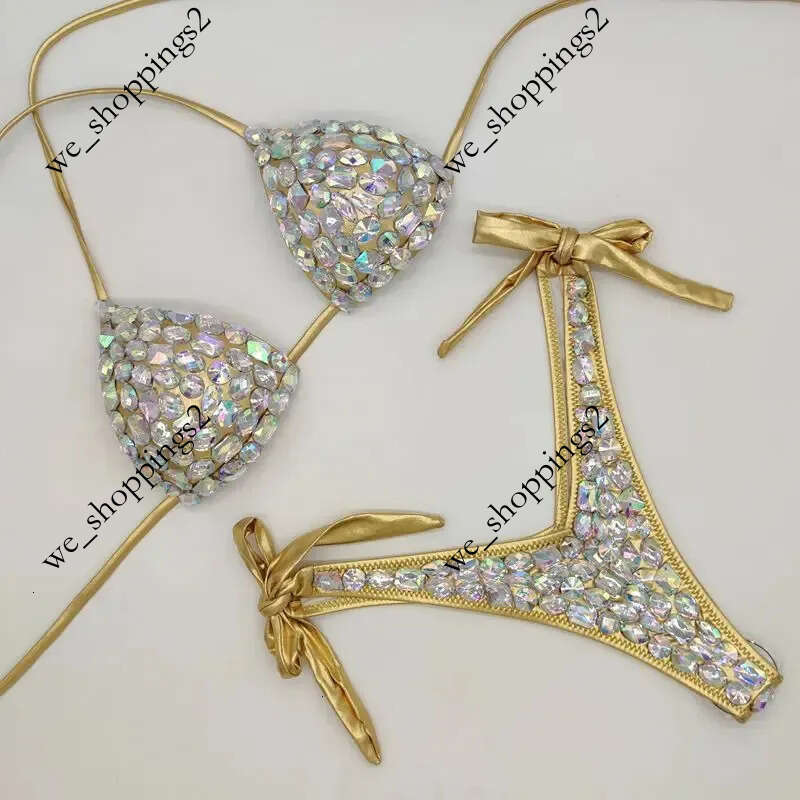 bikini 2-piece sexy womens rhinestone bra and thong set push up high waisted swimsuit shiny fashionable beachwear 250313
