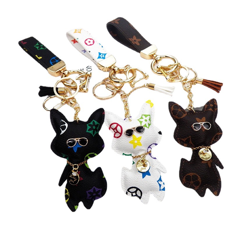 Free Shipping 2026 Fox Shaped Leather Keychain, Monogram Bag Charm with Glasses & Pom Pom, Cute Animal Keyring Accessory - view 8