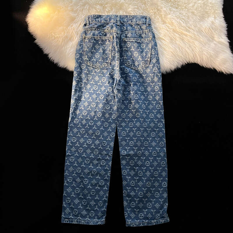 Full Print Jeans Men, Loose Straight Long For Autumn, Ins American Retro Vibe Style Streetwear Pants
