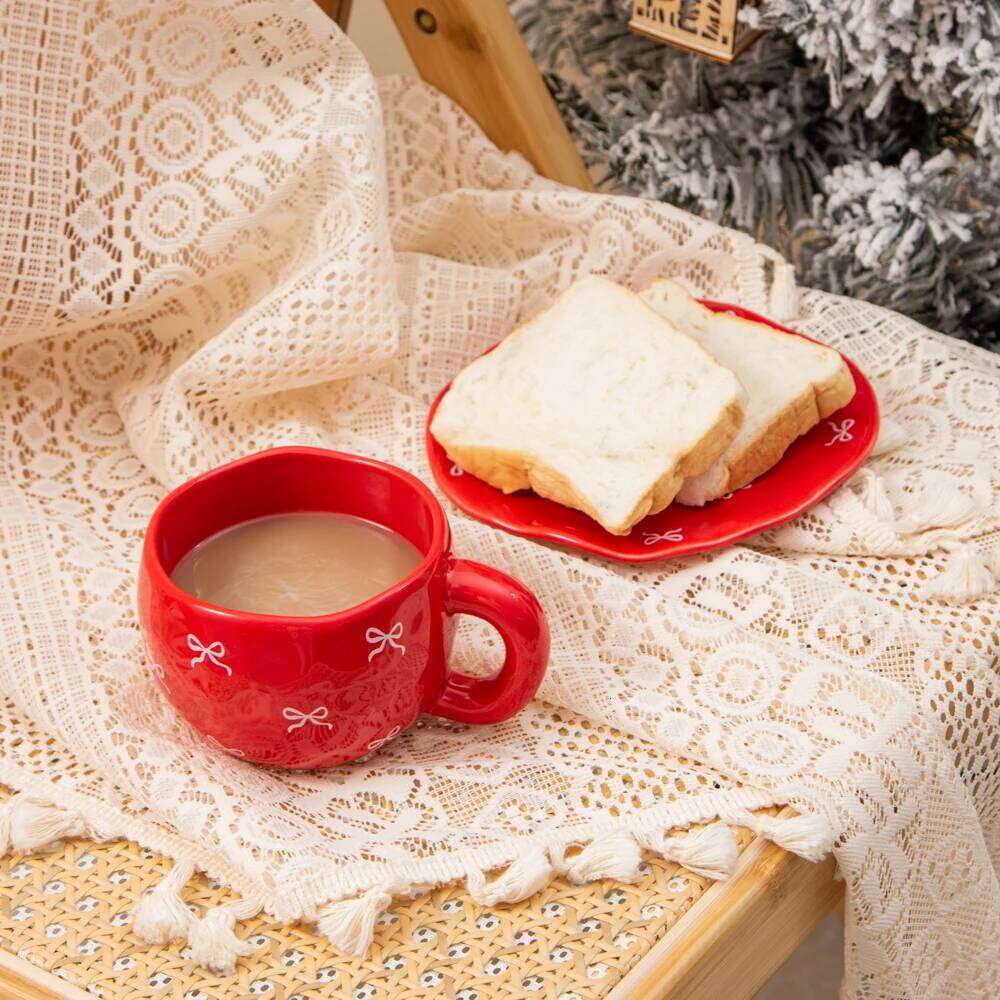 1pc ceramic coffee with dish, cute bow and heart-shaped design, handmade irregular matcha tea cup