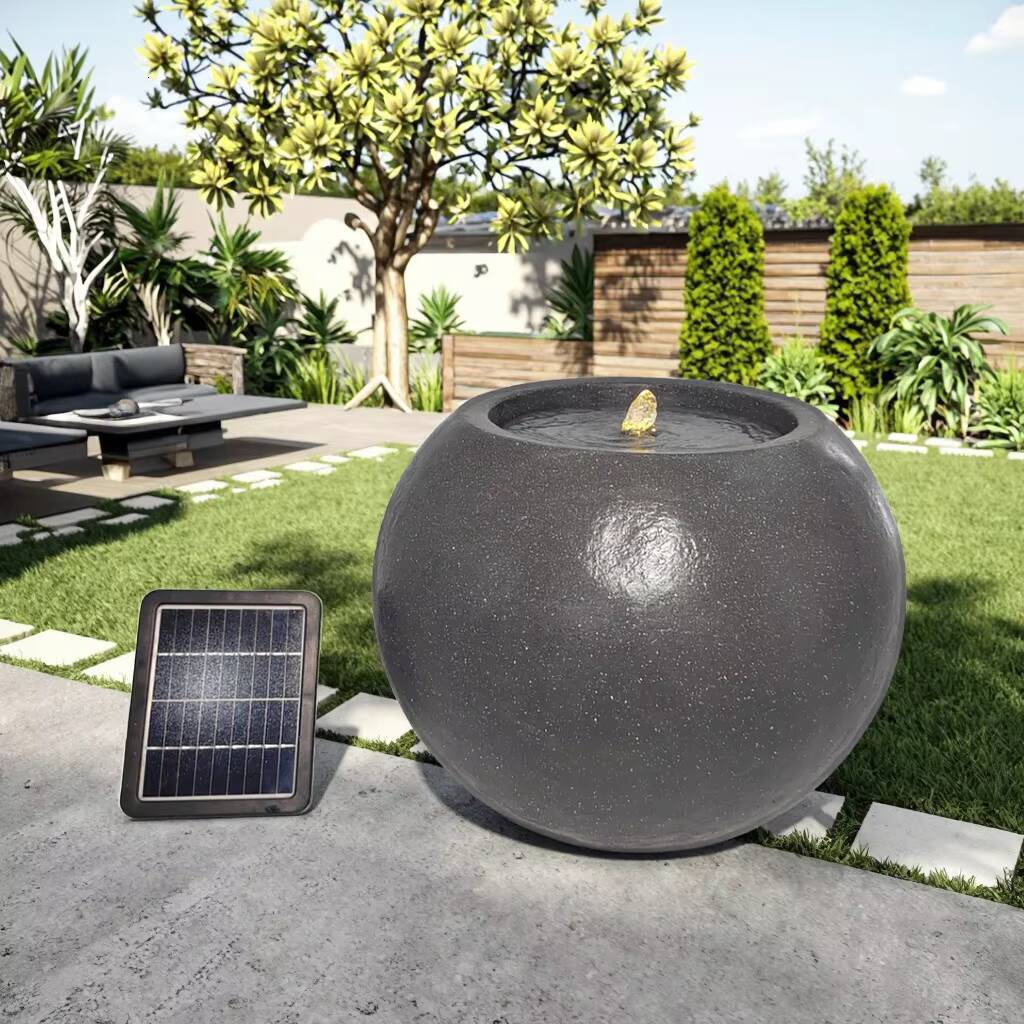 Concise Design Spherical Black Solar Fountain Fiber Stone with LED Lights for Outdoor Garden Decoration