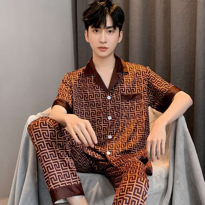 Silky Thin Ice Pajamas For Men Spring Autumn Summer High End Imitation Silk Four Seasons Long Sleeve Homewear Set