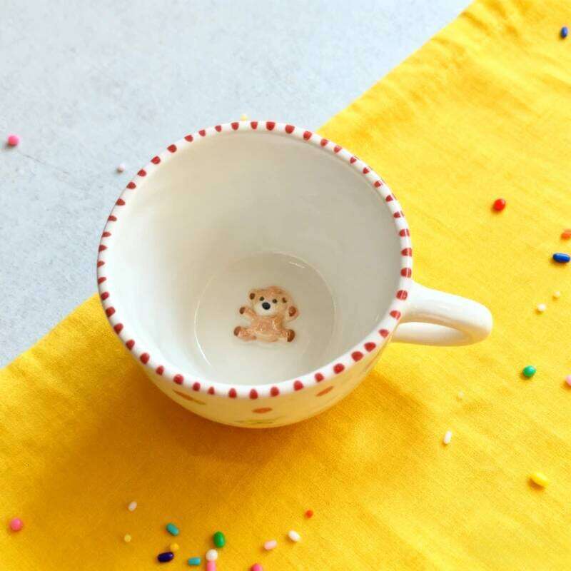 Hand Pinched Ceramic Mugs Hand-drawn Underglaze Color Relief Irregular Bear Milk Tea Cup Waffle Croissant Oatmeal Breakfast Mug