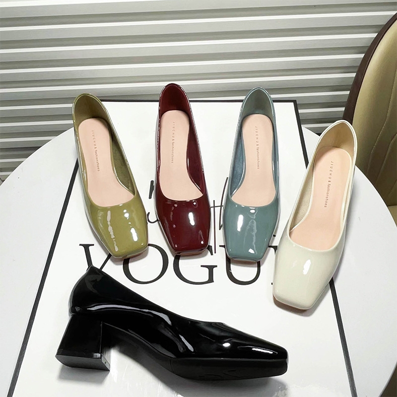 Women 4cm High Heels Pumps Lady Block Low Heel Shallow Square Toe Glossy Patent Leather Blue Green Nude Classic Office Shoes 240701