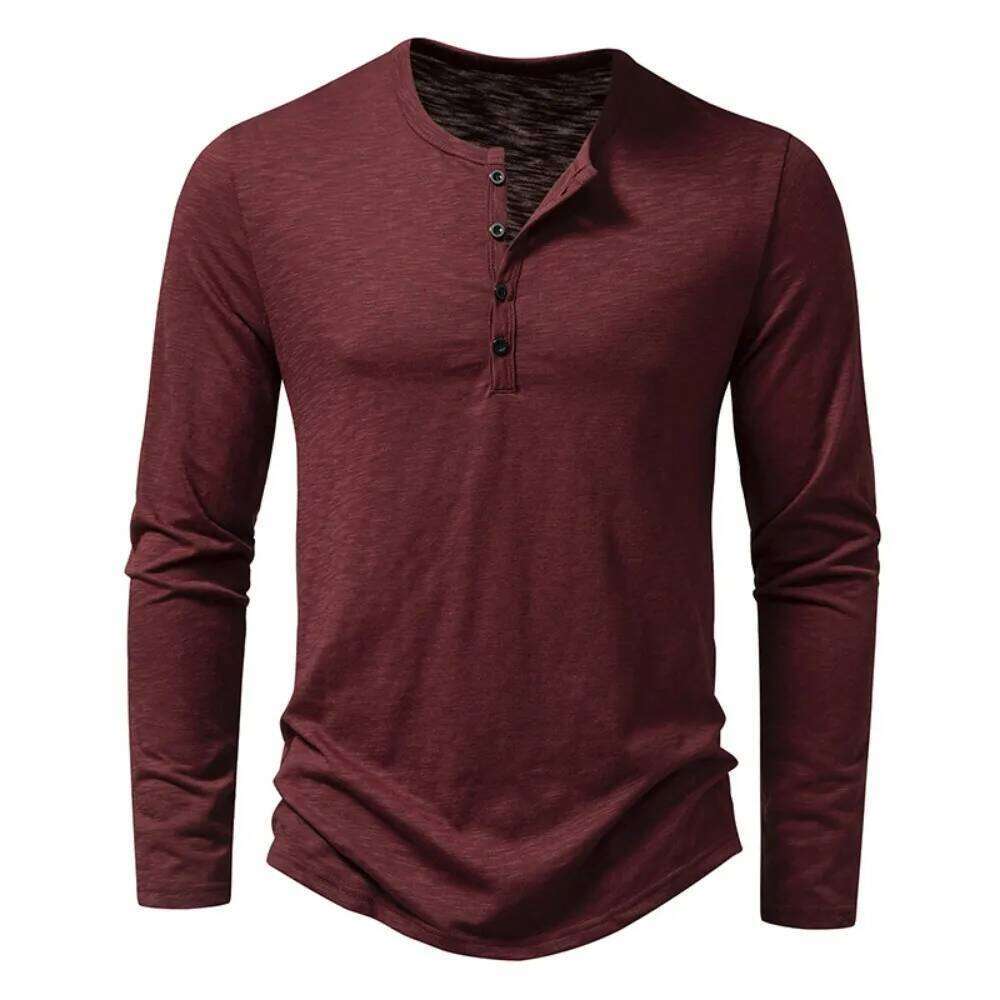 Men's Cotton Henley neck Shirt Long Sleeve Casual Button Solid color Fashion T-Shirts