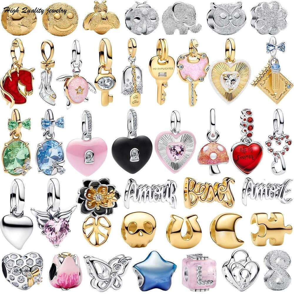 2026 New 925 Sterling Silver Charms Colorful Heart Bee Flower key Lock Mushroom Beads Bracelets Necklaces Womens DIY Jewelry Gift