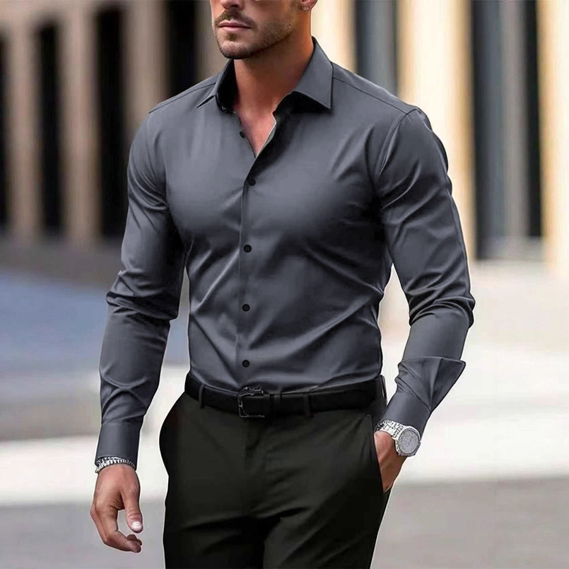 Spring and Autumn White Long Business Formal Slim Fit Professional Plus Size Black Short Sleeve Workwear Office Men's Shirt